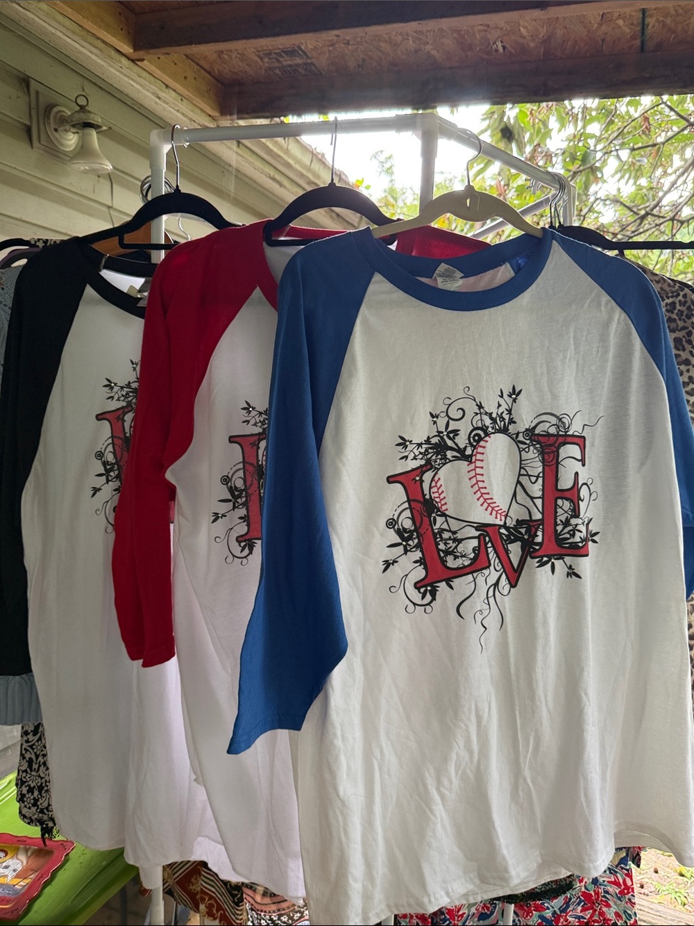 NWT Women’s Glitz Love Baseball 'Love' Raglan Tee red, blue and black sleeves